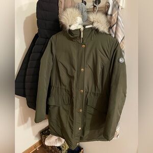 Michael Kors Olive Green Park Jacket with Faux Fur Hood Small